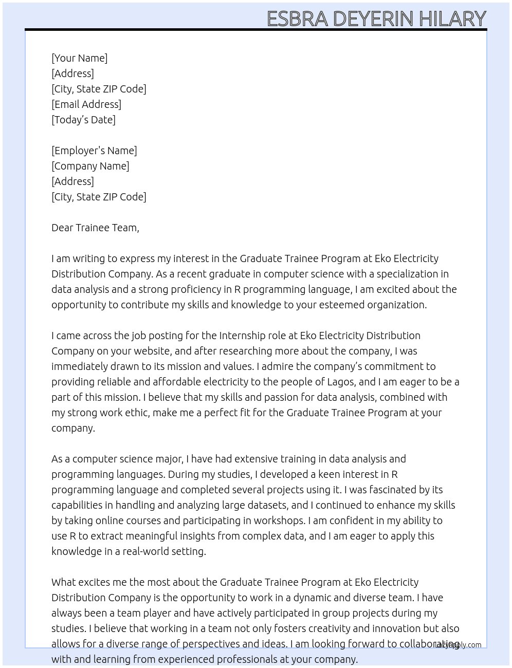 Graduate trainee program At Eko electricity distribution company Cover Letter