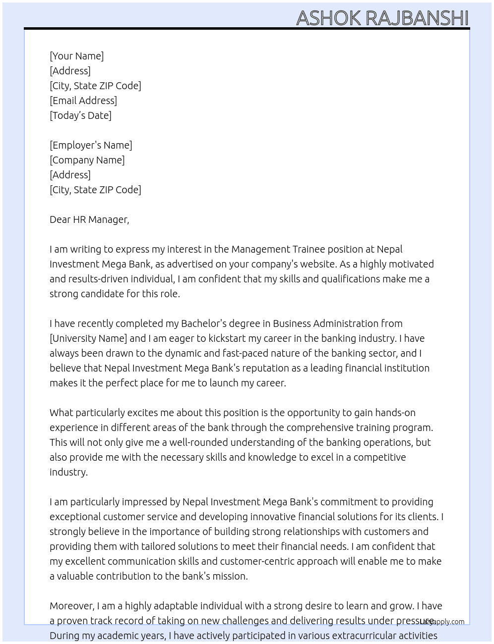 Management Trainee At Nepal Investment Mega Bank Cover Letter