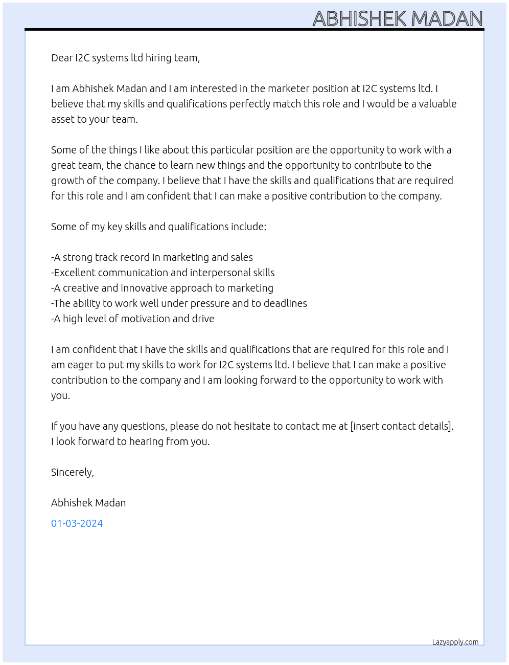 marketer At I2C systems ltd Cover Letter