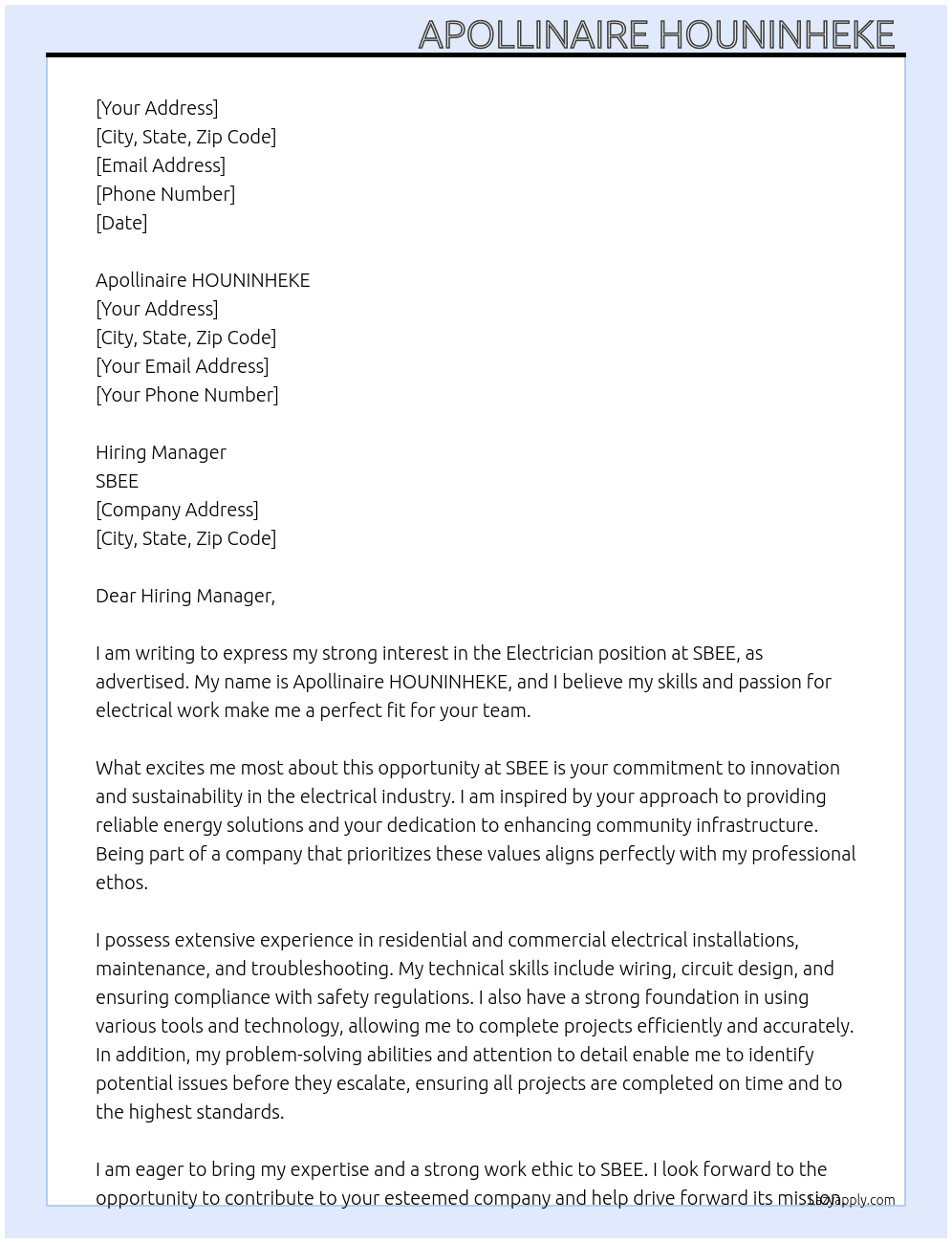 Electrician  At SBEE Cover Letter