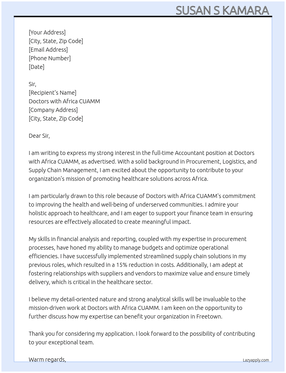 Accountant  At Doctors with Africa CUAMM  Cover Letter