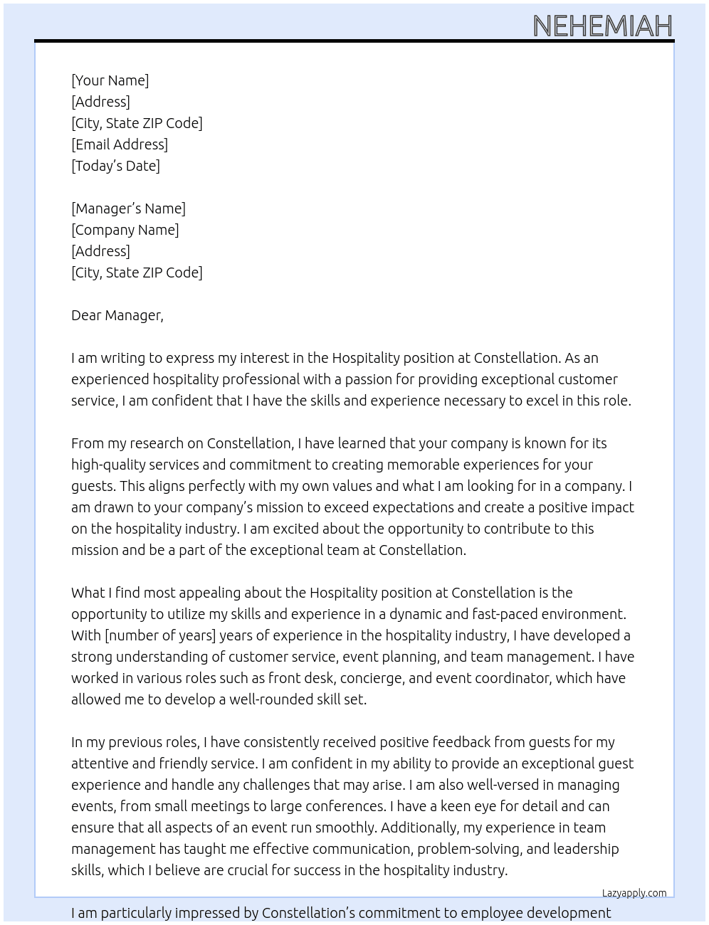 Hospitality  At Constellation  Cover Letter