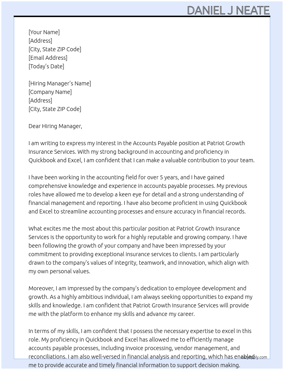 Accounts payable  At Patriot Growth Insurance Services  Cover Letter