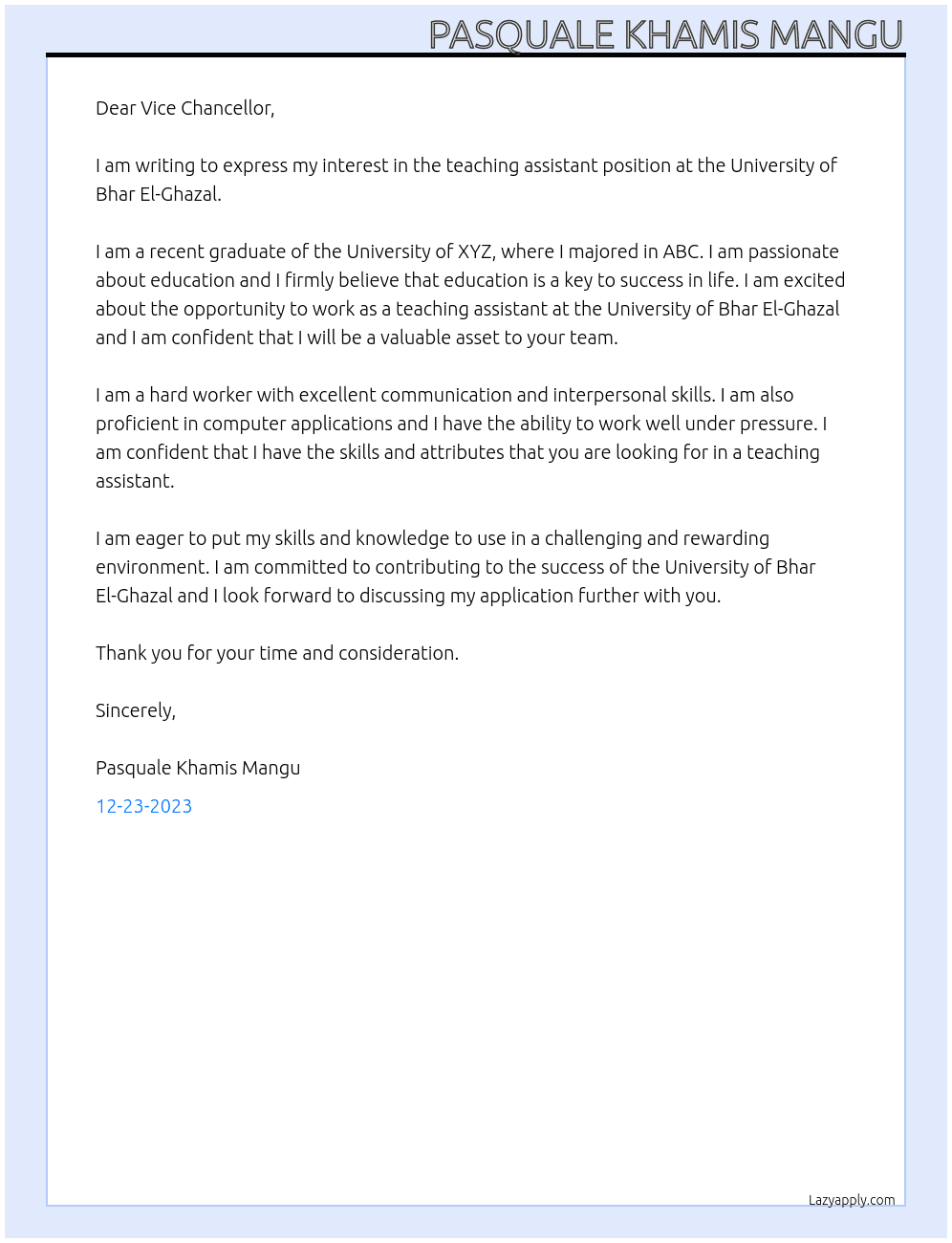 Teaching assistant At University of Bhar El-Ghazal Cover Letter
