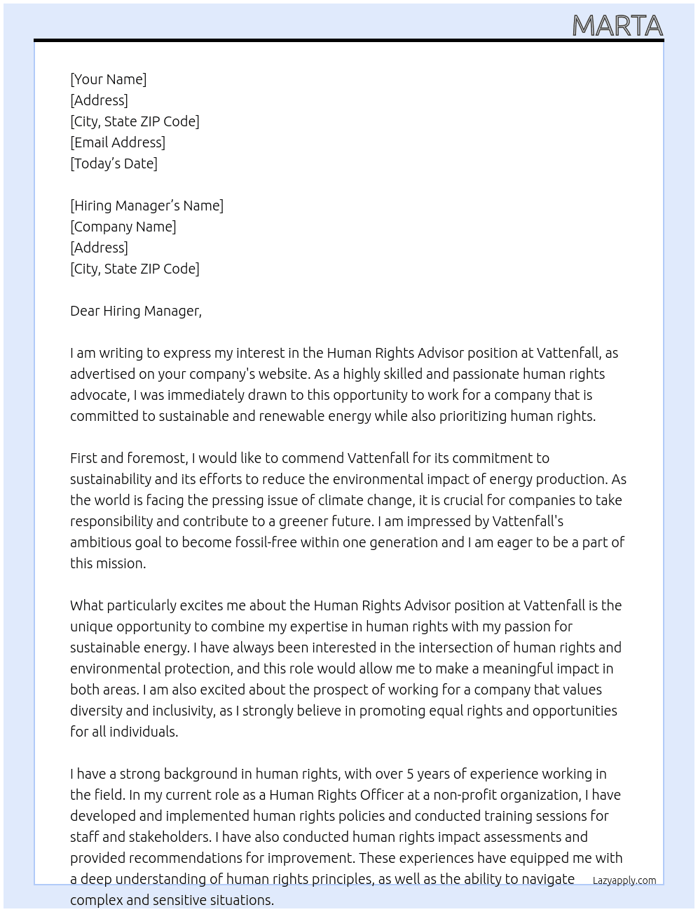 Cover letter for human rights advisor at renewable energy - LazyApply