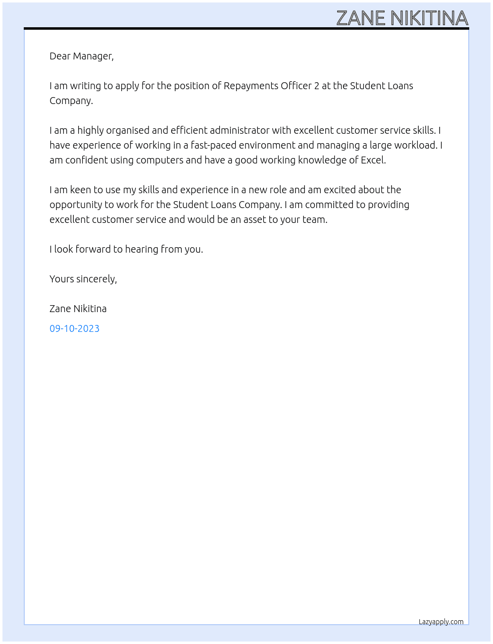 Repayments Officer 2 At Student Loans Company  Cover Letter