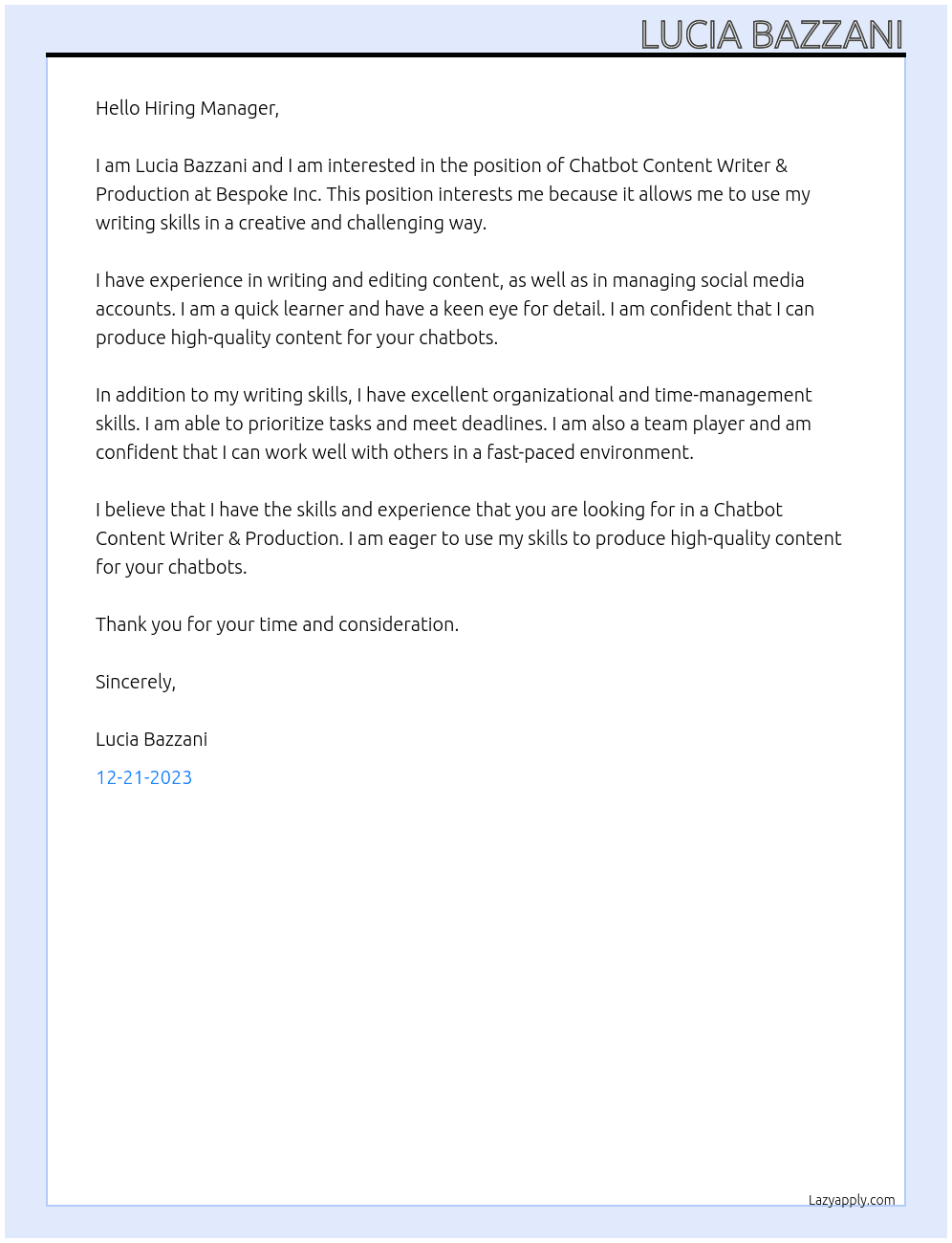 Chatbot Content Writers & Production At Bespoke Inc. Cover Letter
