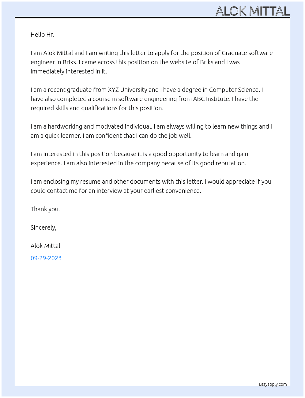 Graduate software engineer  At Briks Cover Letter