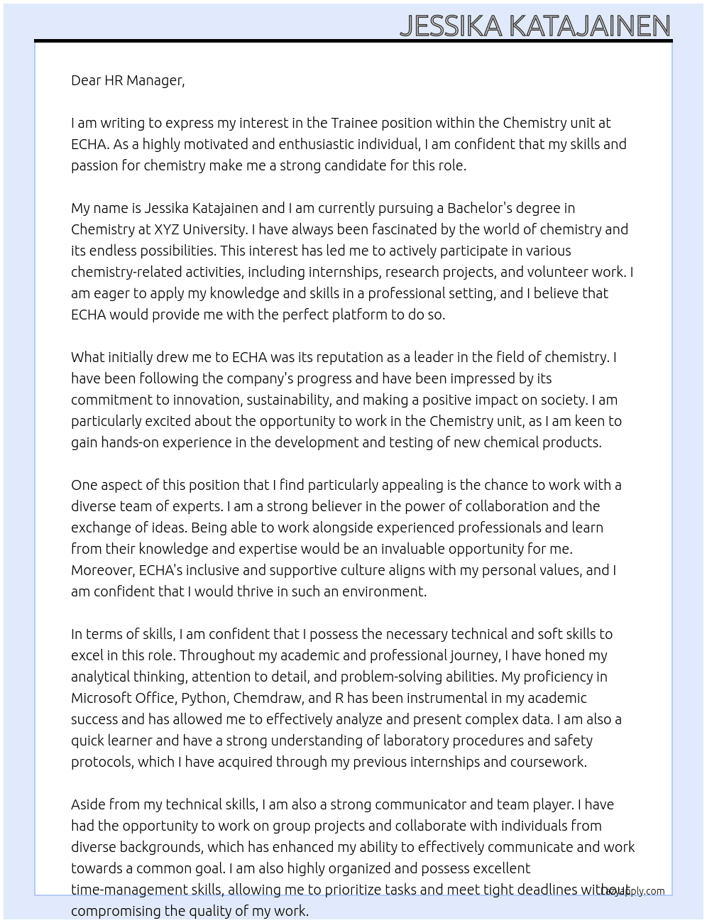 Trainee in the chemistry unit At ECHA Cover Letter