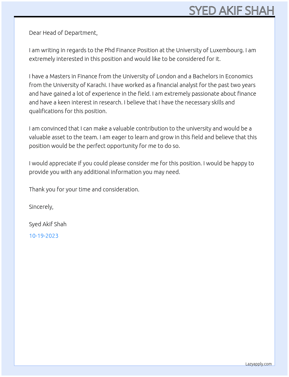 Phd Finance Position At University of Luxembourg Cover Letter