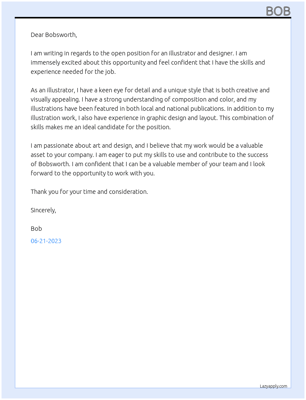 illustrator and designer At bobsworth Cover Letter