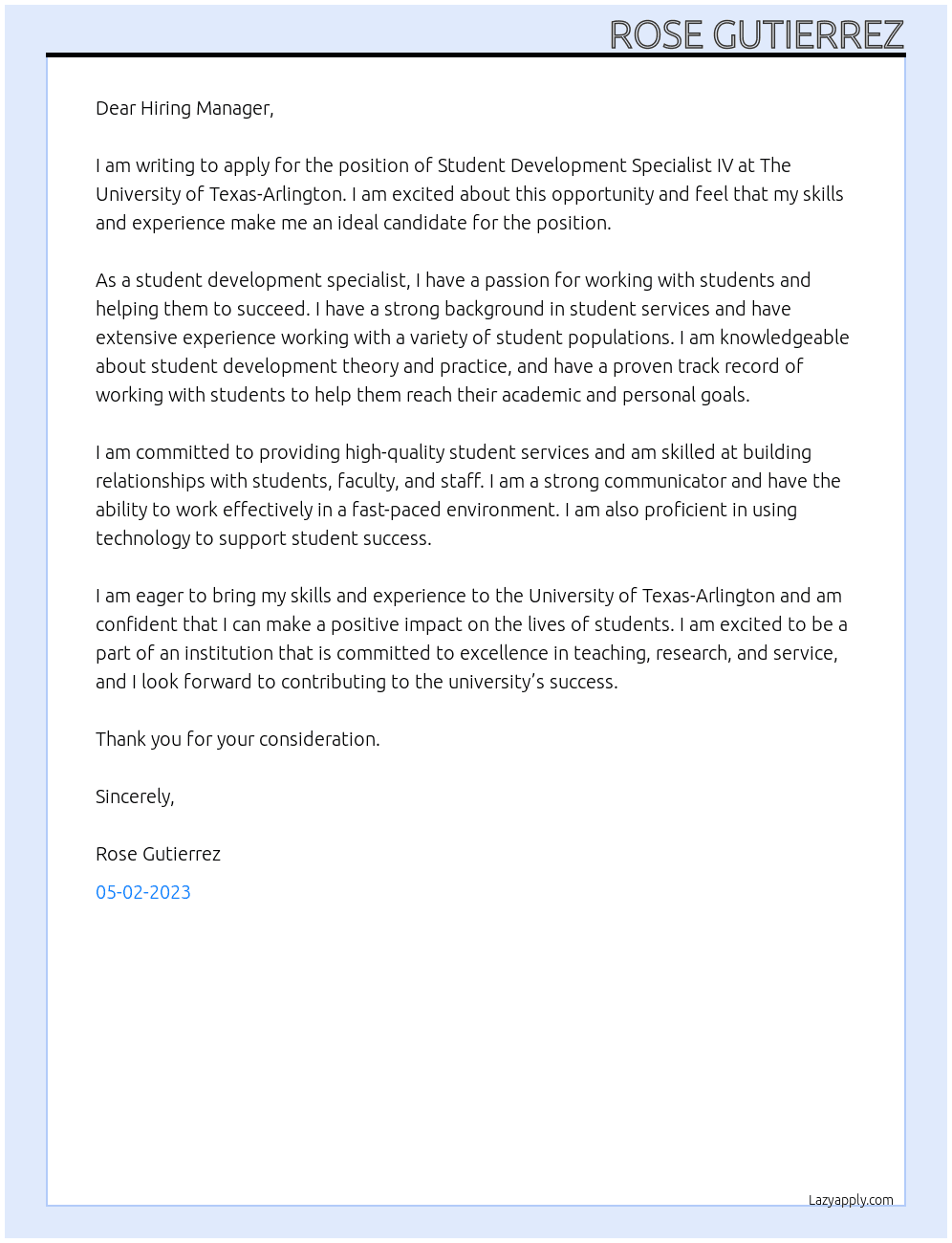 Student Development Specialist IV  At The University of Texas-Arlington  Cover Letter