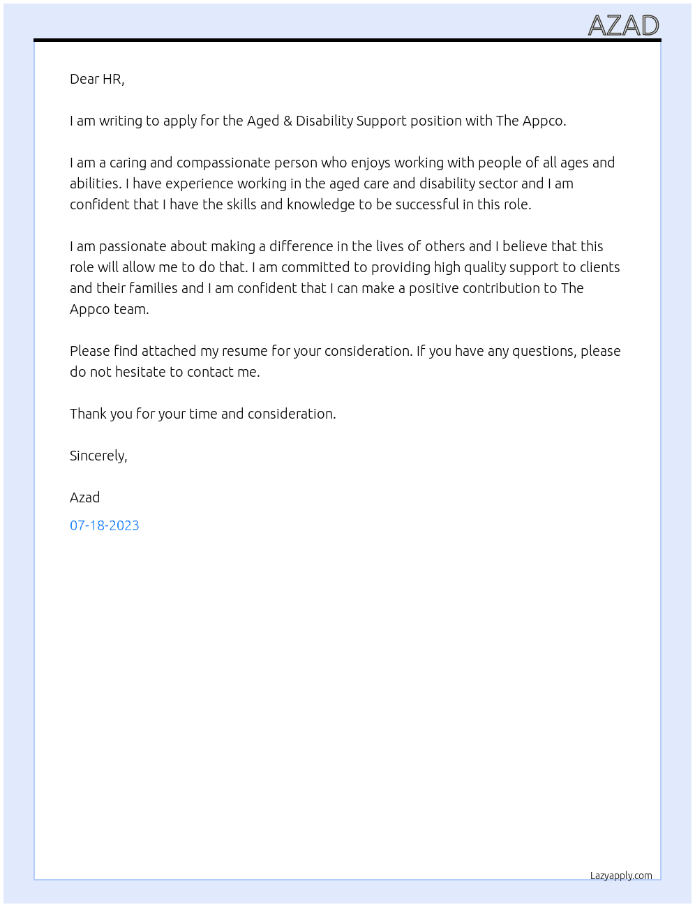 Aged & Disability Support (Community Services & Development) At The Appco Cover Letter