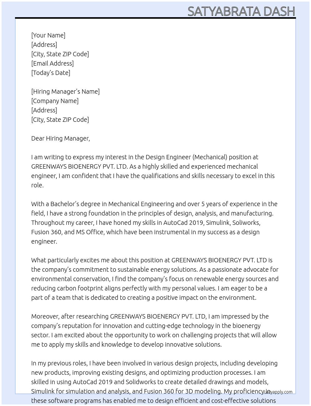 Design Engineer (Mechanical) At GREENWAYS BIOENERGY PVT. LTD Cover Letter