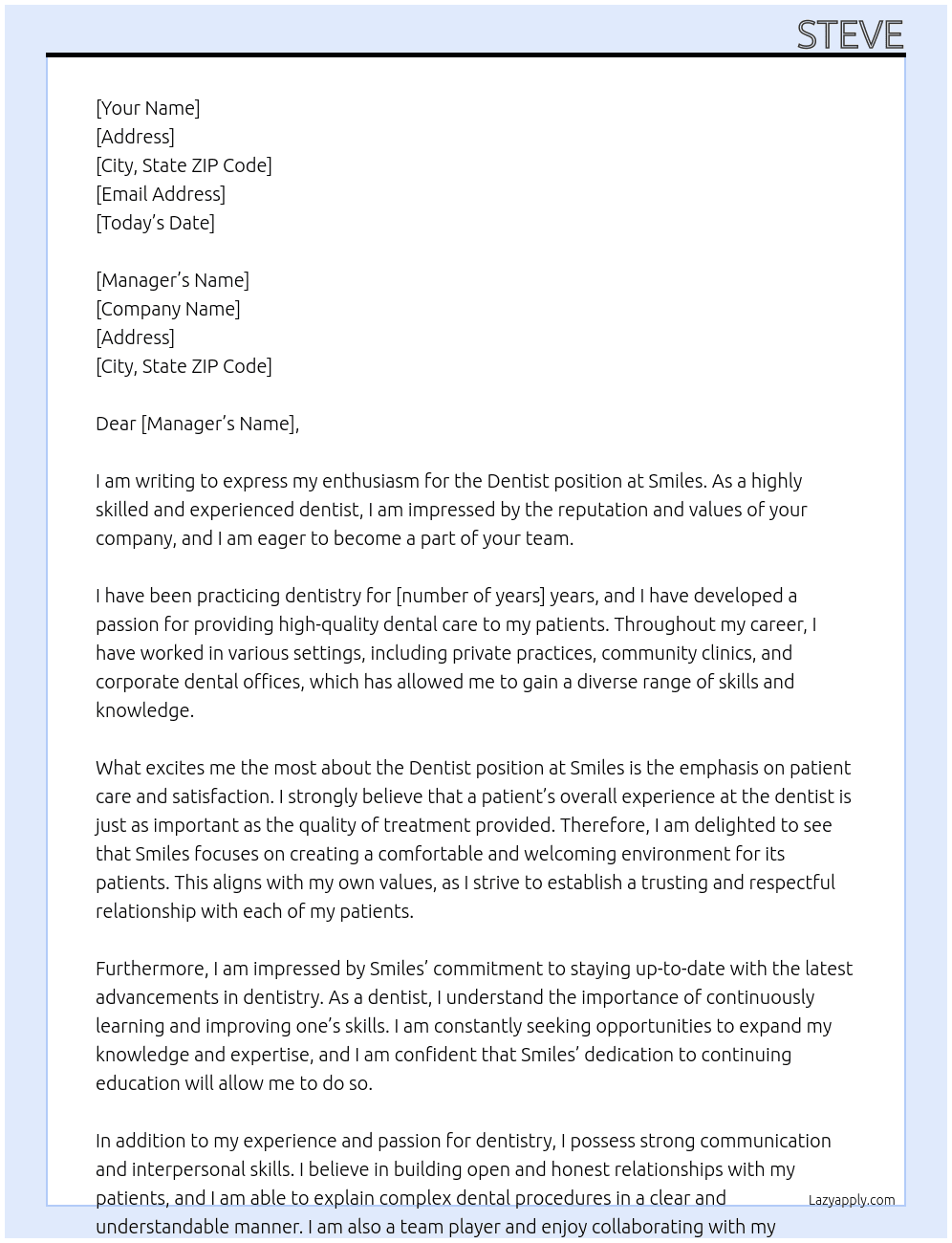 dentist At Smiles Cover Letter