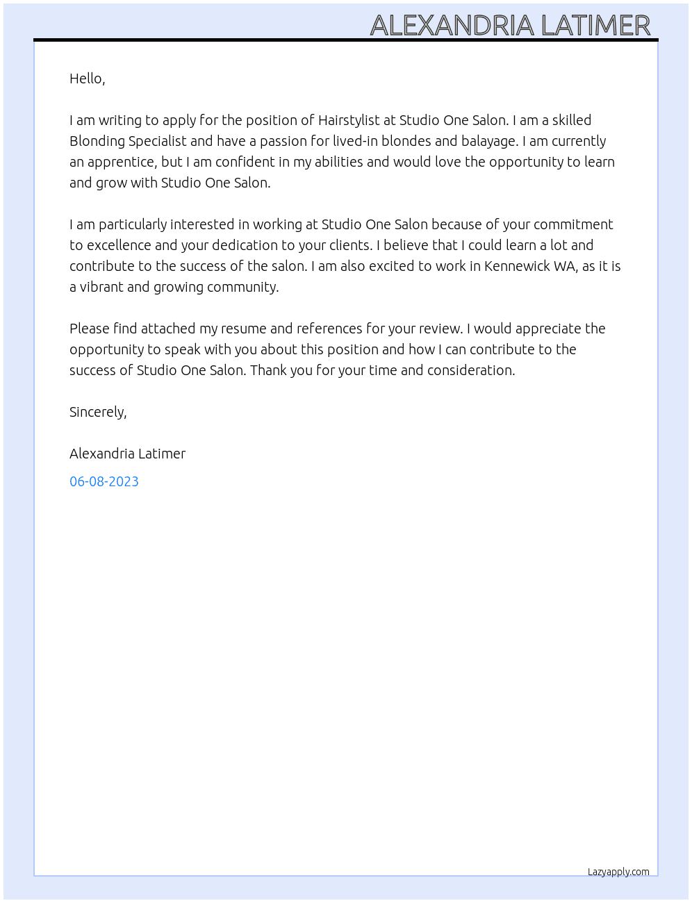 Hairstylist  At Studio One Salon  Cover Letter