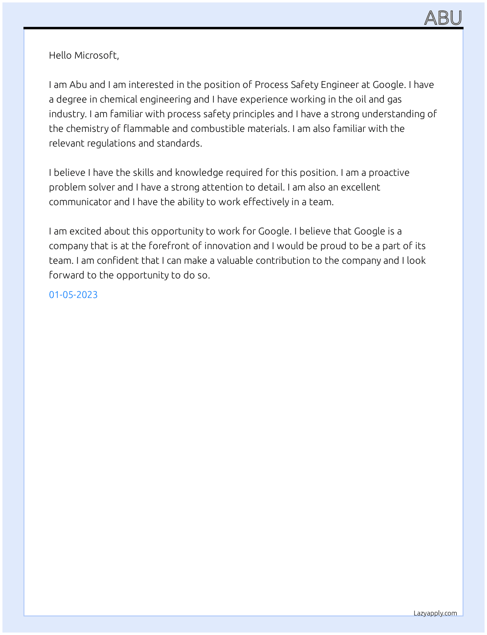 Process Safety Engineer At Google Cover Letter