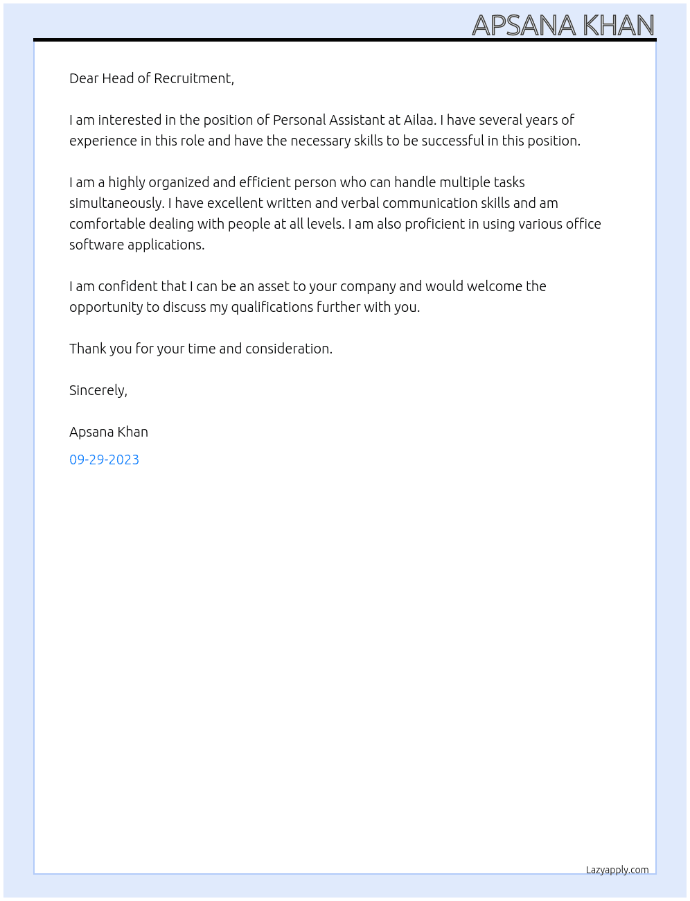 Personal Assistant At Ailaa Cover Letter