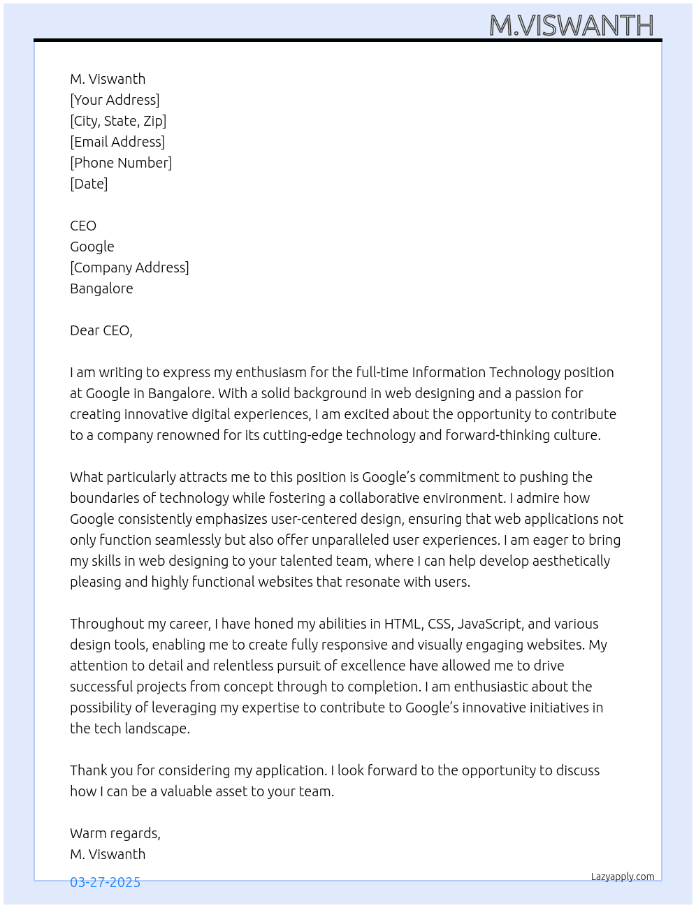 Information technology At Google  Cover Letter