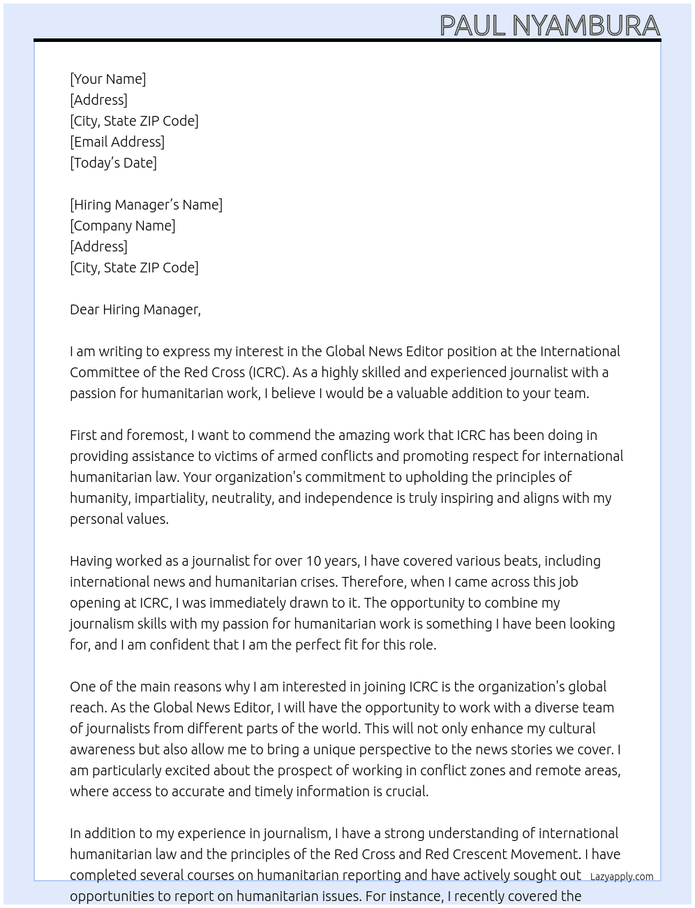 Global News Editor At International Committee of the Red Cross - ICRC Cover Letter