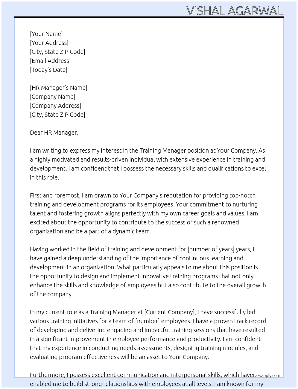 Training manager At Your Company Cover Letter