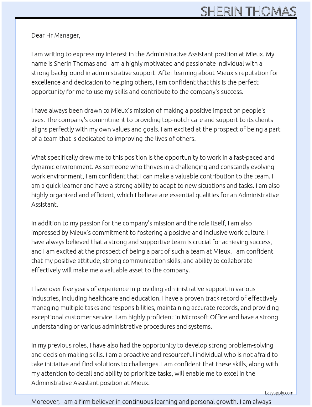 Administrative assistant At Mieux Cover Letter