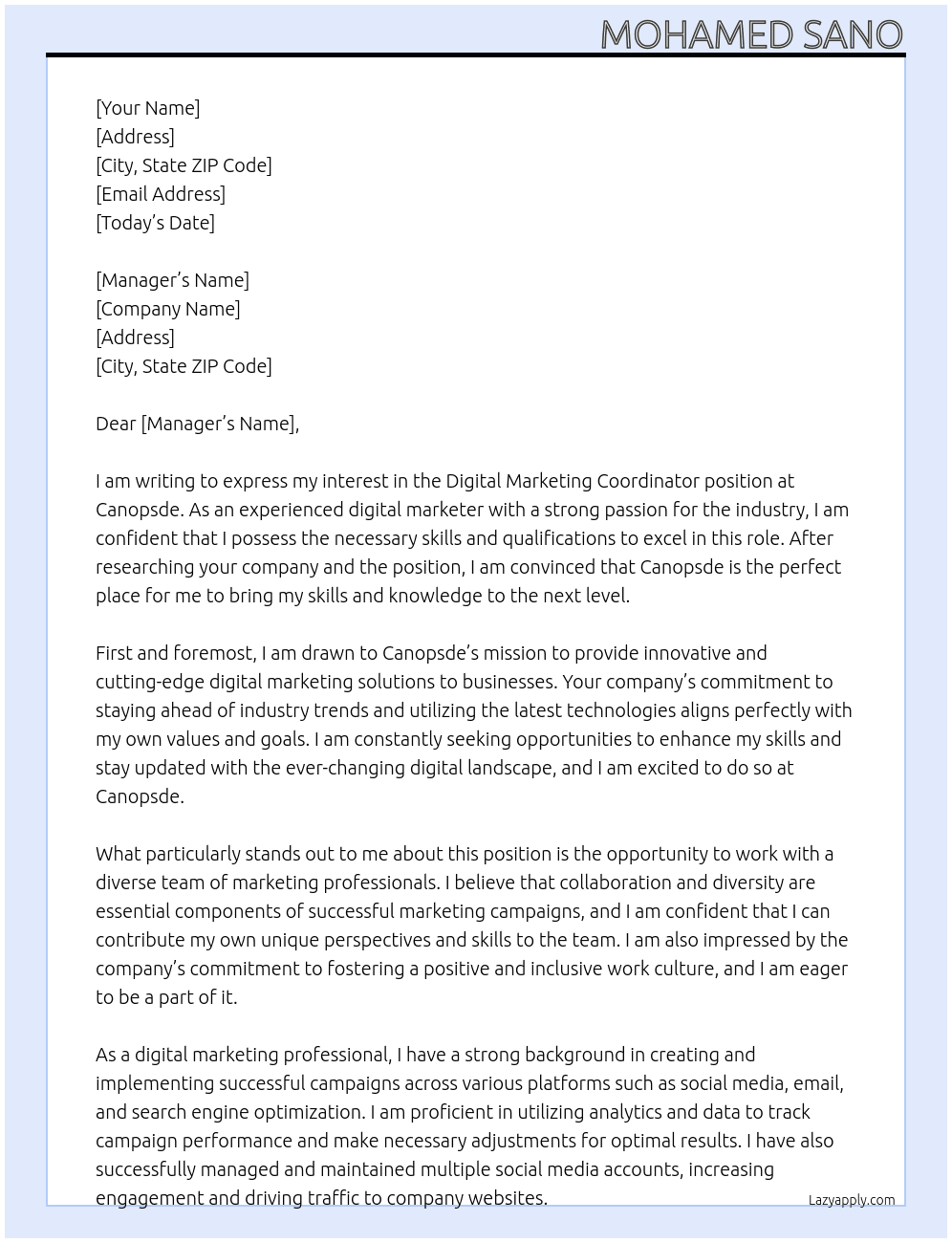 Digital marketing coordinator  At Canopsde Cover Letter
