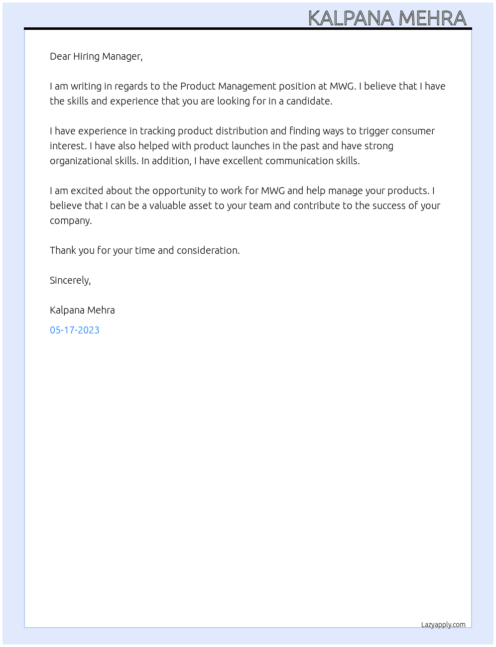 Product Management At MWG Cover Letter