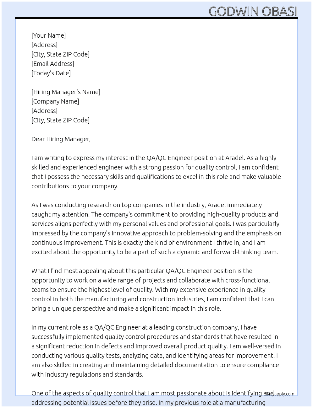 QA/QC Engineer At Aradel Cover Letter