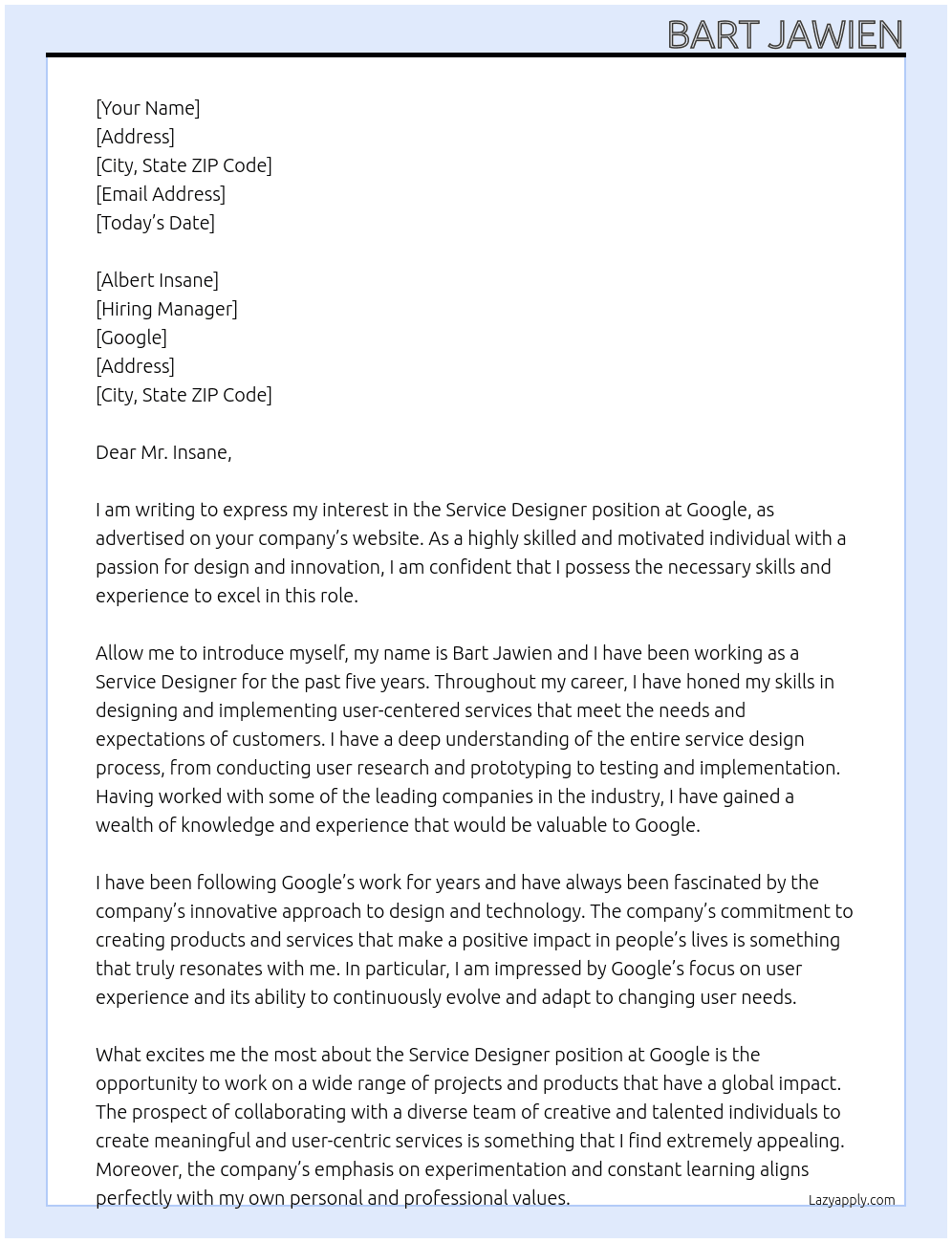 Cover letter for service designer - LazyApply