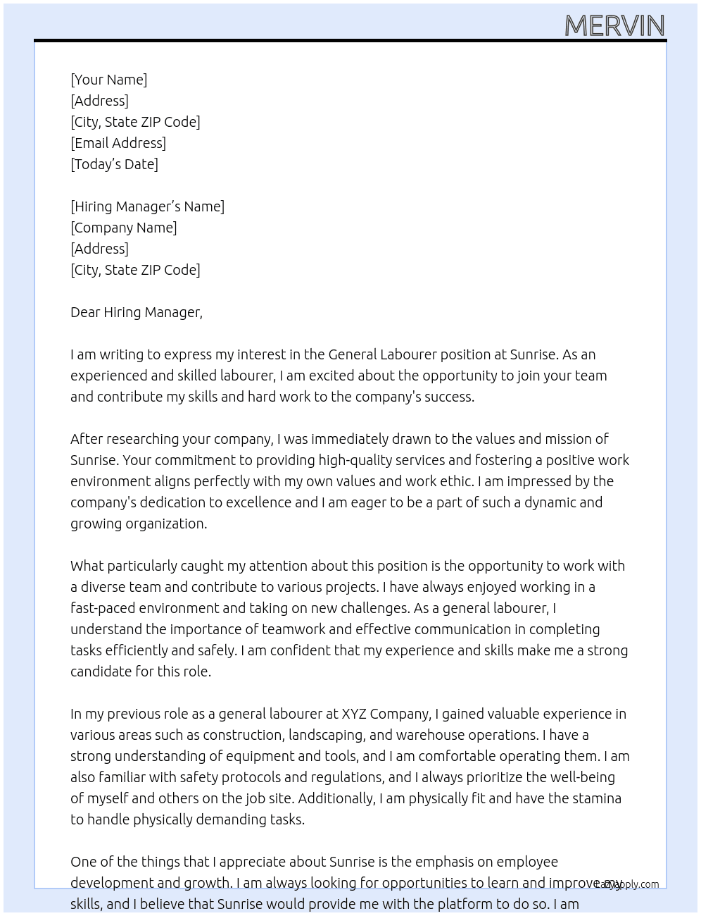 general labourer At sunrise  Cover Letter