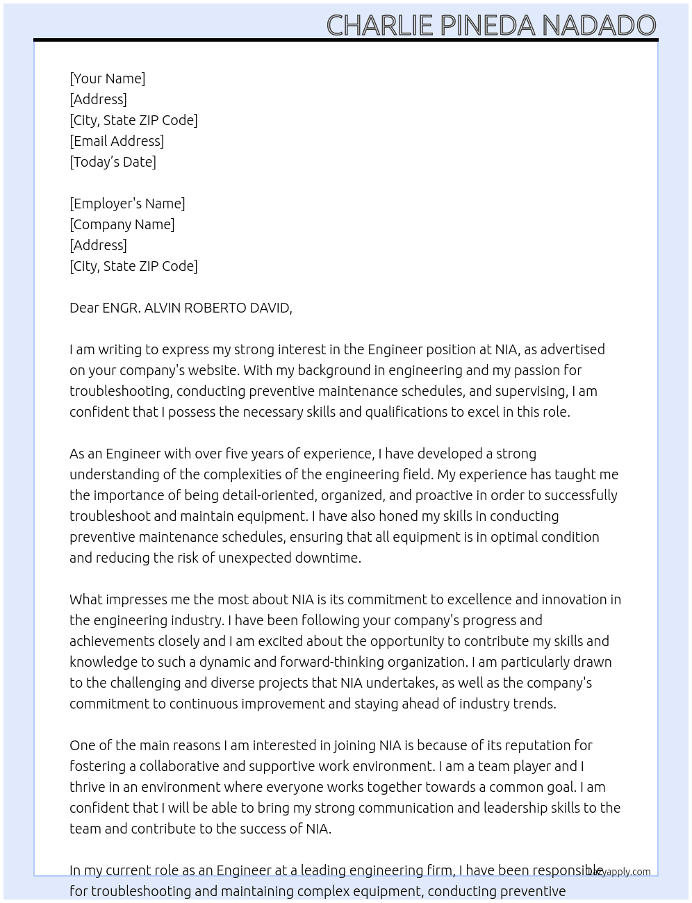 Engineer At NIA Cover Letter