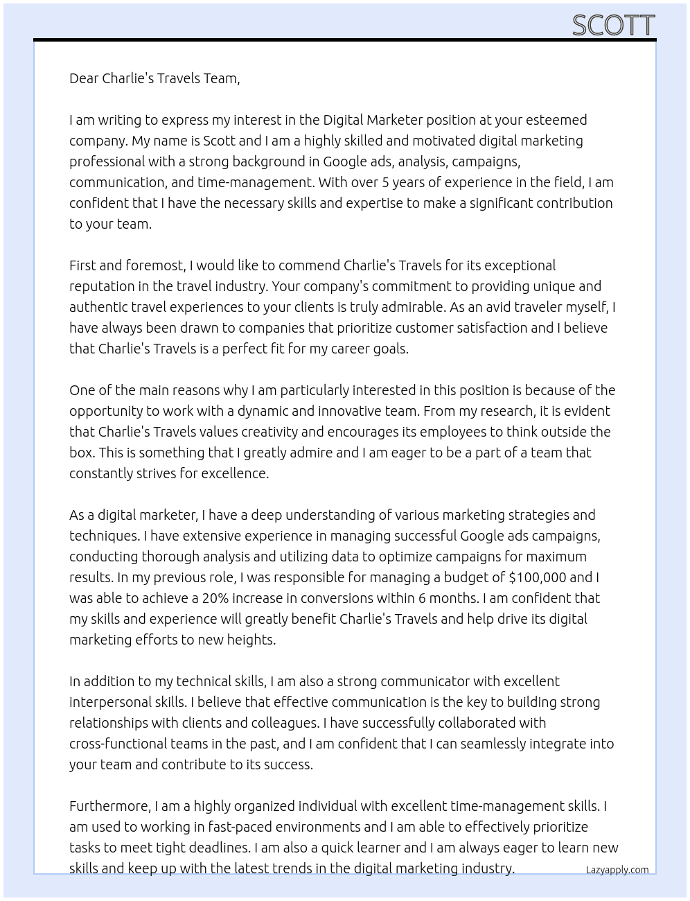 Digital Marketer At Charlie's Travels Cover Letter