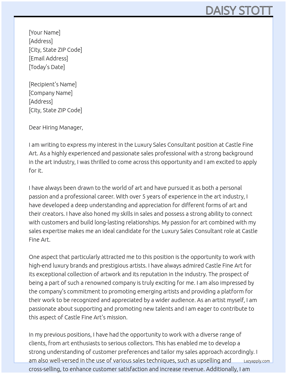 Luxury Sales Consultant  At Castle Fine Art Cover Letter