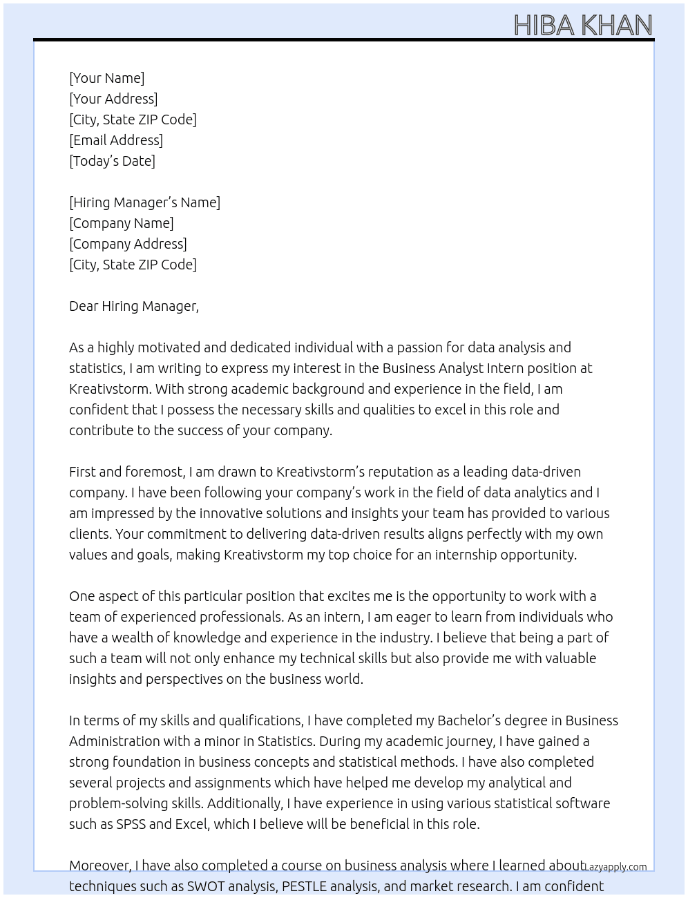 Business Analyst Intern At Kreativstorm Cover Letter