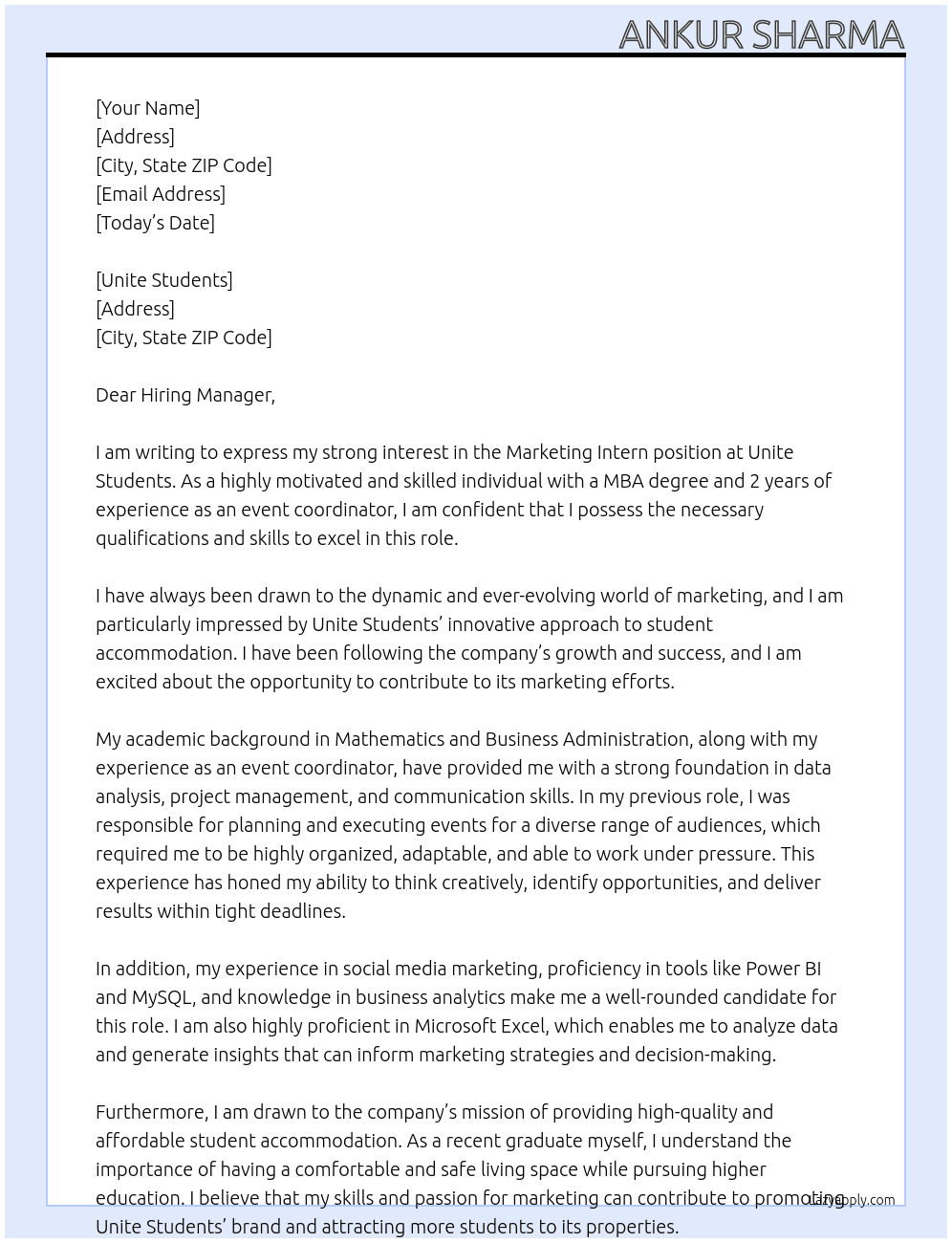 Marketing Intern At Unite Students Cover Letter