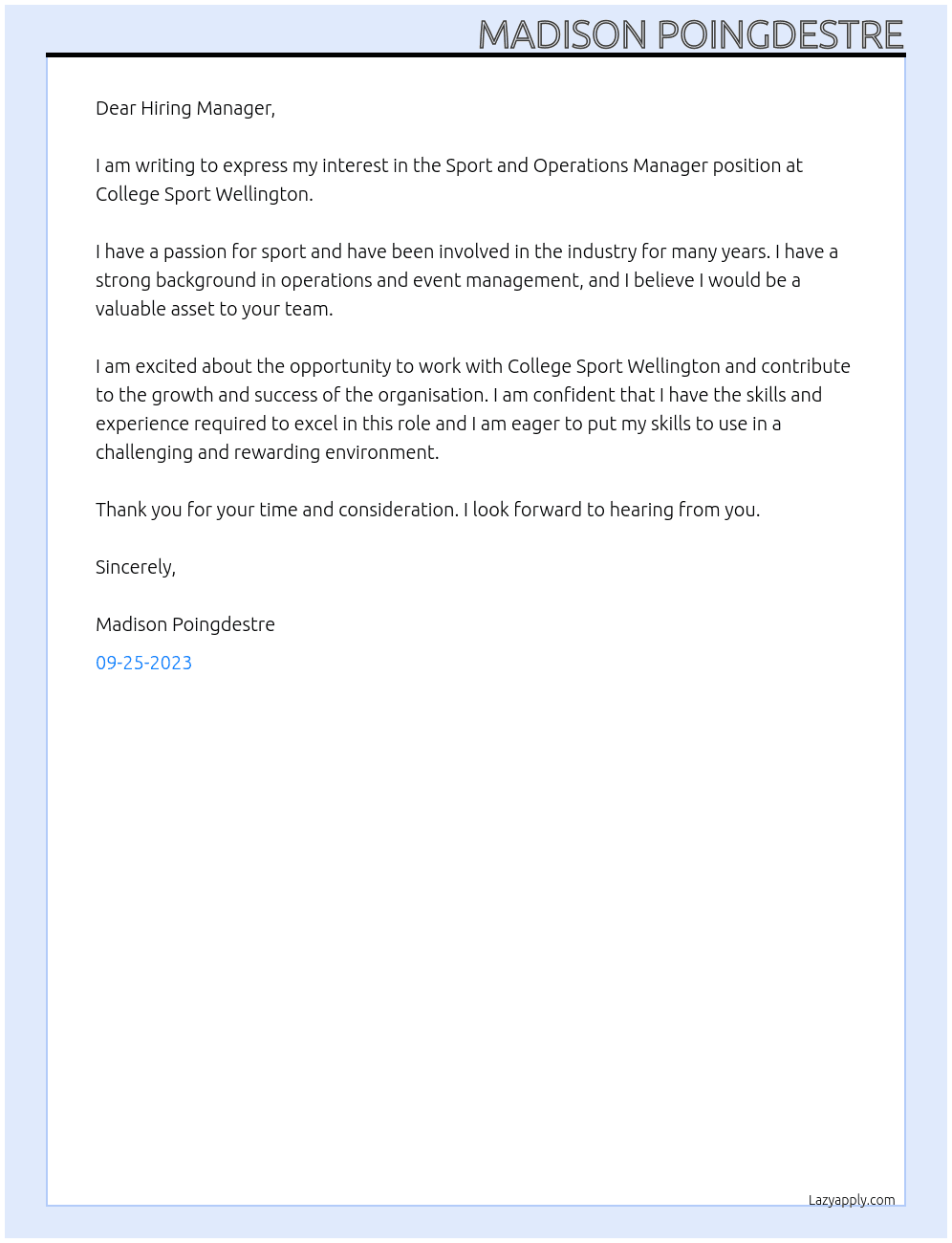 Sport and Operations Manager At College Sport Wellington Cover Letter