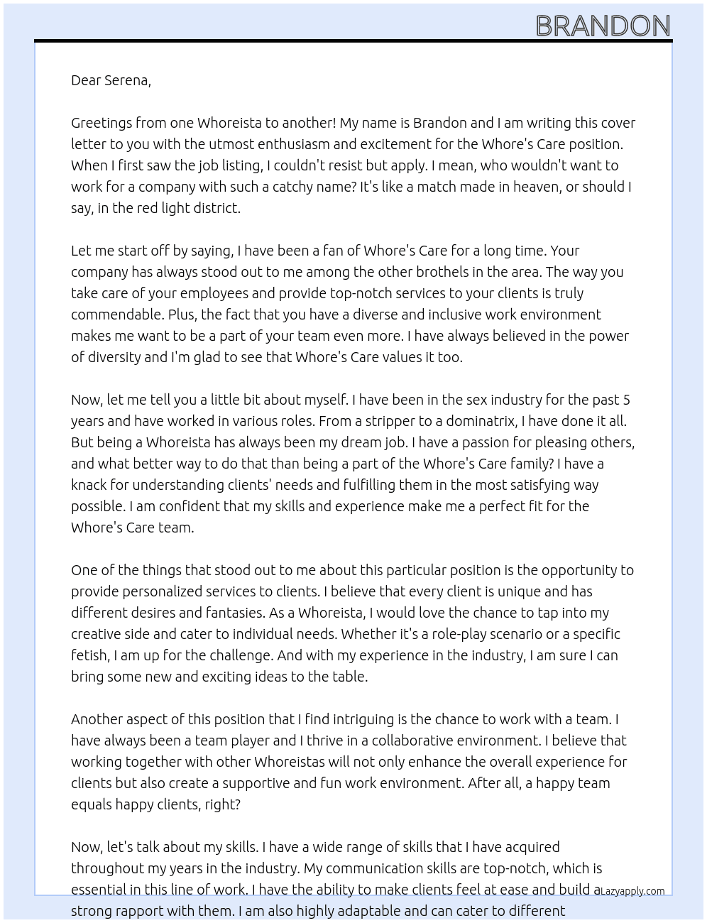 Whoreista At Whore's Care Cover Letter