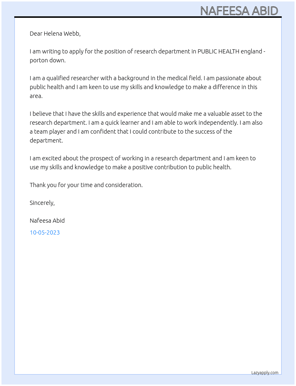 research department  At PUBLIC HEALTH england - porton down  Cover Letter