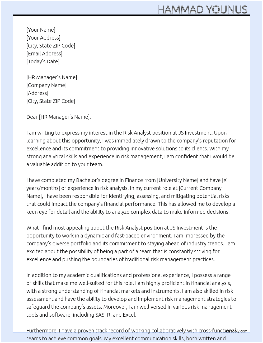risk analyst At JS Investment Cover Letter