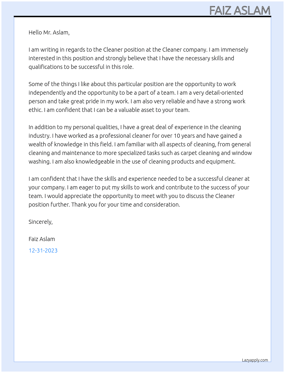 Cleaner At Cleaner company Cover Letter