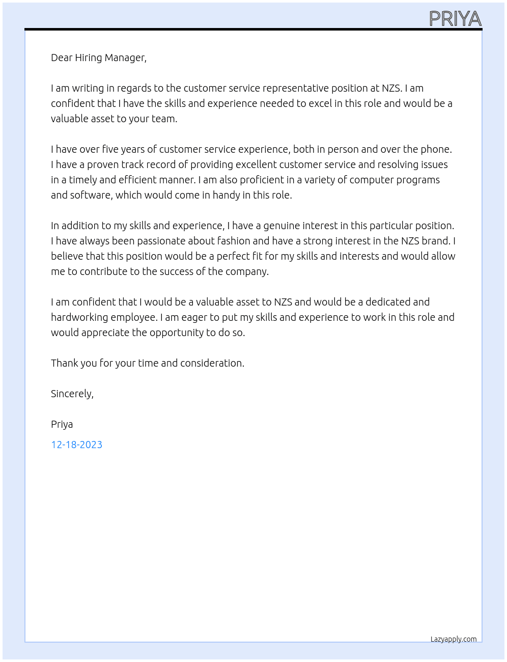 customer service represtnative At NZS Cover Letter
