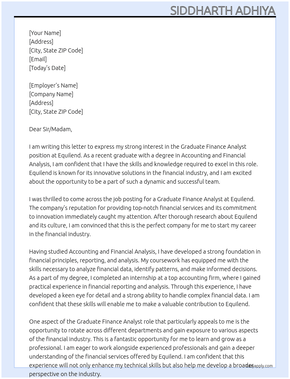 Graduate Finance Analyst At Equilend Cover Letter