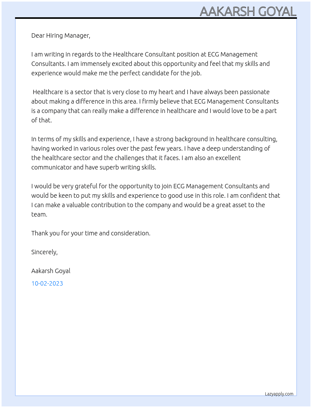 Healthcare Consultant At ECG Management Consultants Cover Letter