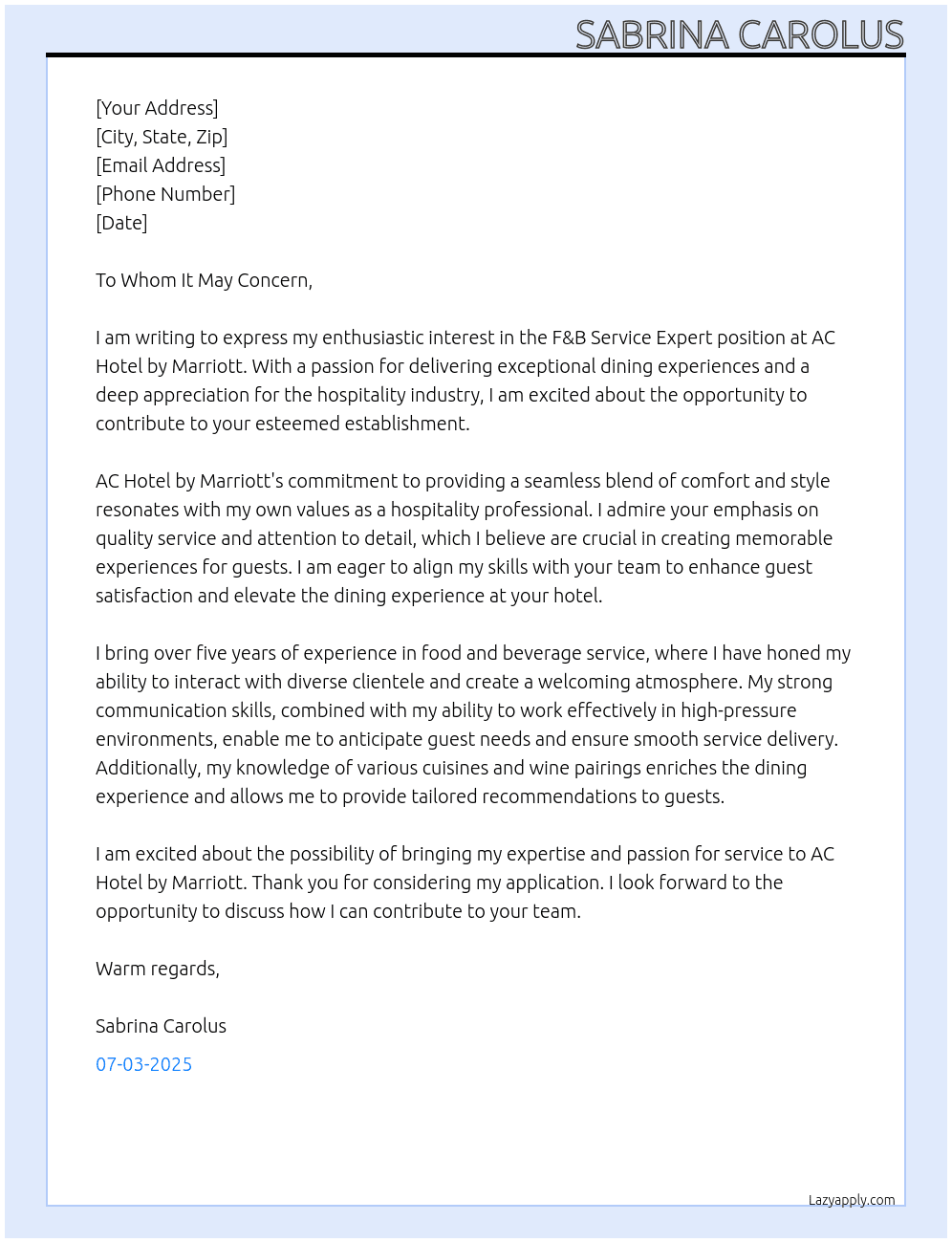 F&B Service Expert At AC Hotel by Marriot Cover Letter