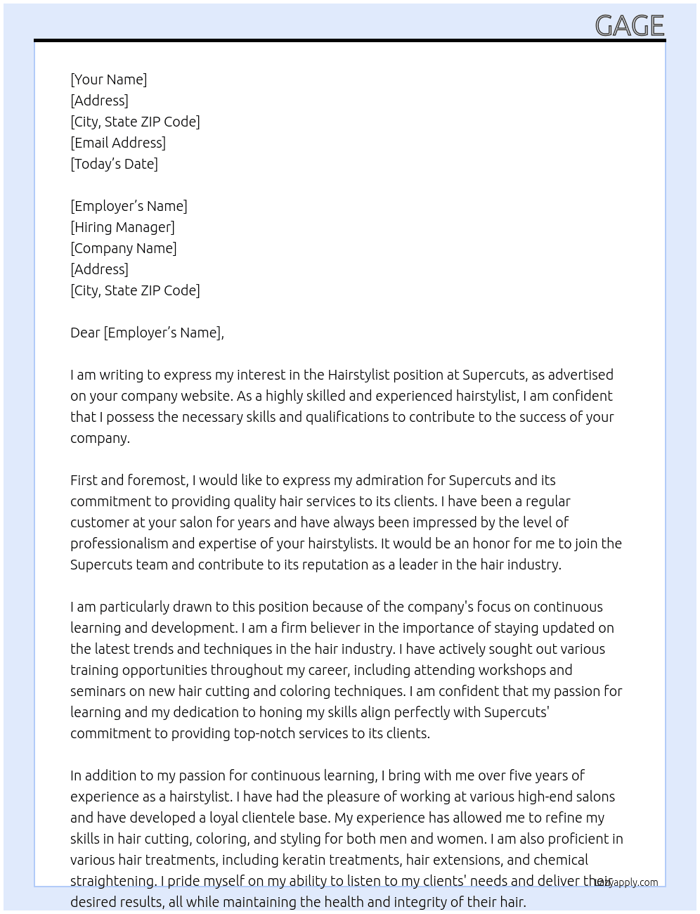 Hairstylist  At Supercuts Cover Letter