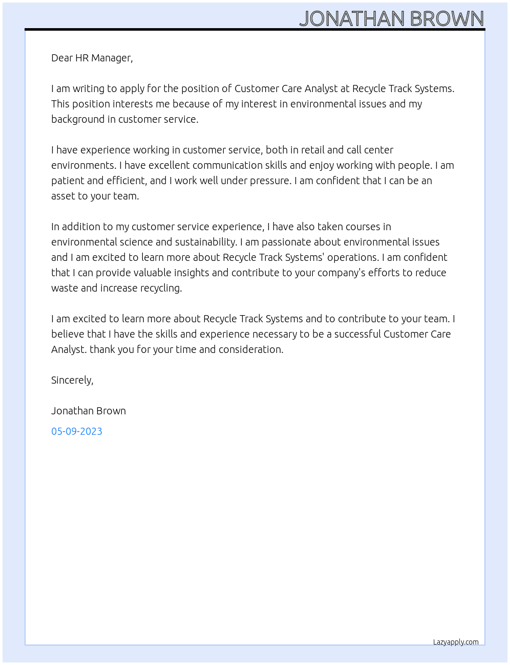 Customer care analyst  At Recycle Track Systems Cover Letter