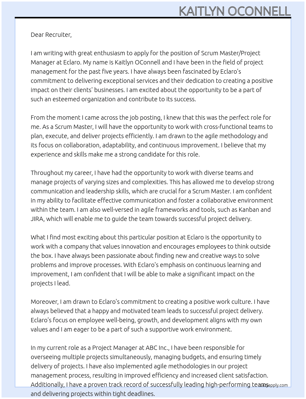 Scrum Master/ Project Manager At Eclaro Cover Letter