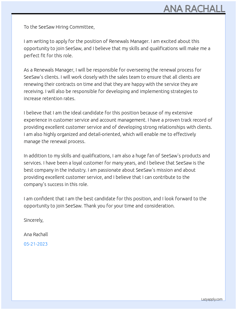 Renewals Manager At SeeSaw Cover Letter