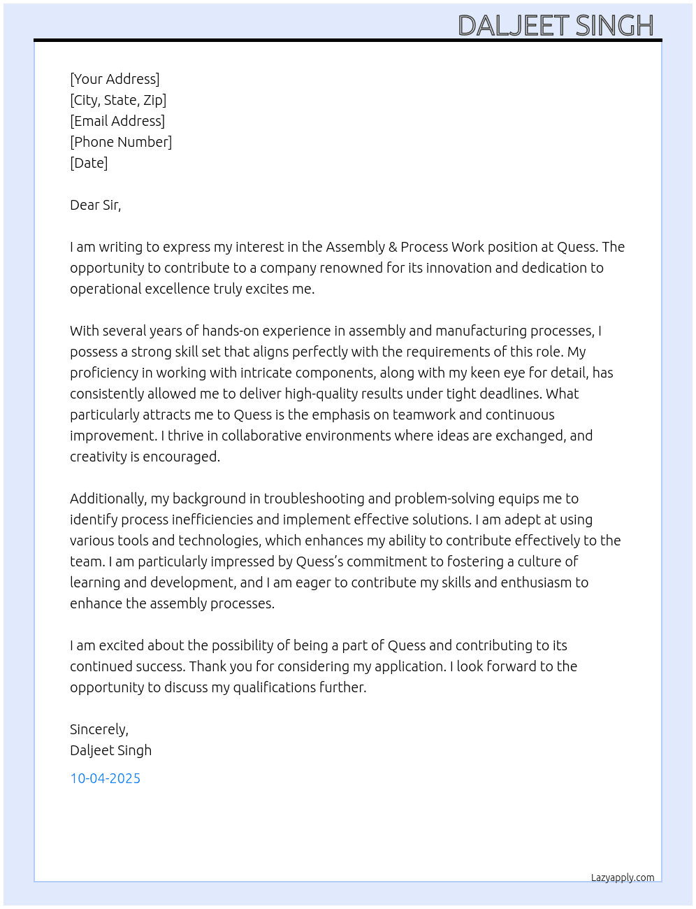 Assembly & process work At Quess Cover Letter